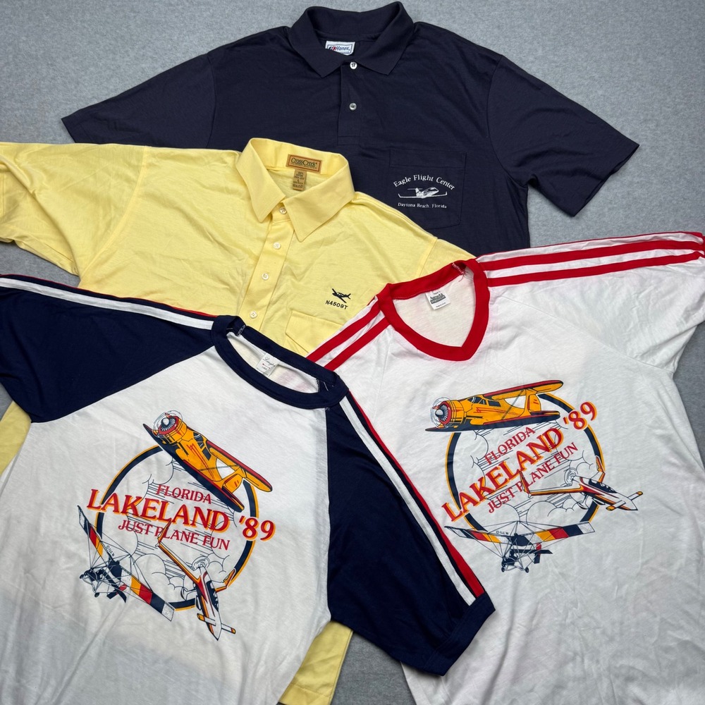 Vintage 80s Aviation Shirt Lot 4pc Made in USA Single Stitch Lakeland 89 Polos L